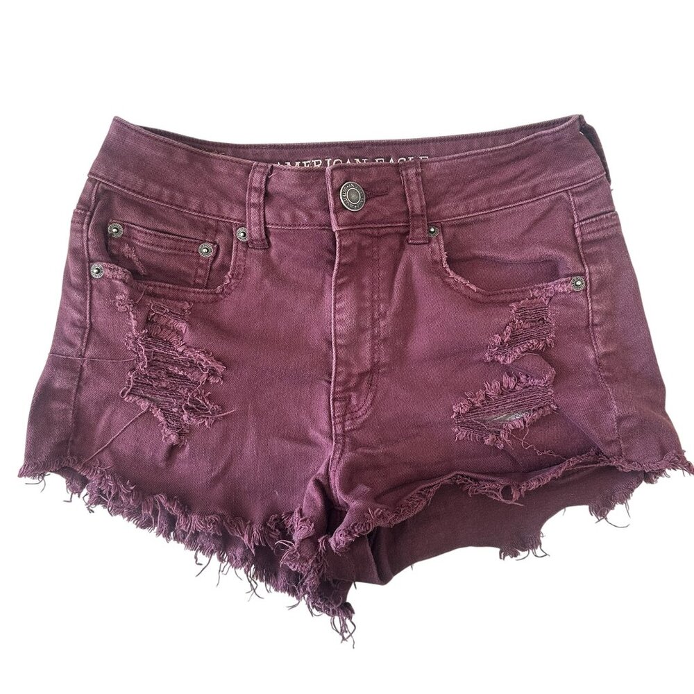 American Eagle Outfitters Stretch Burgundy Distressed Denim Shorts Womens Size 4